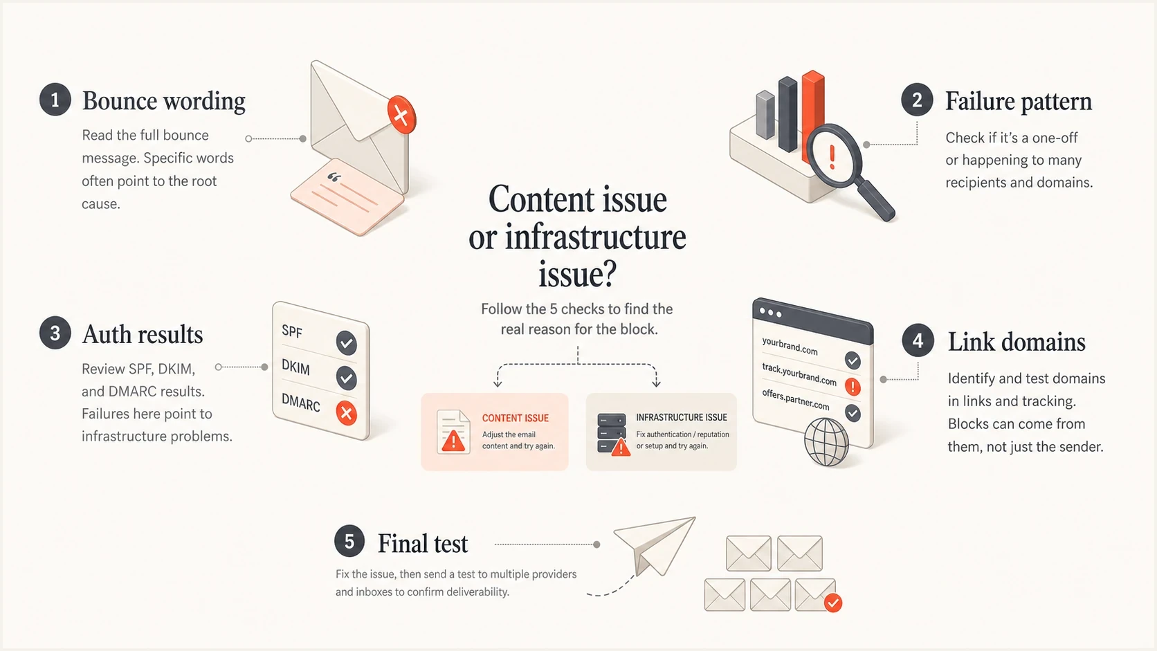 Five checks for deciding whether content or infrastructure caused an email block.