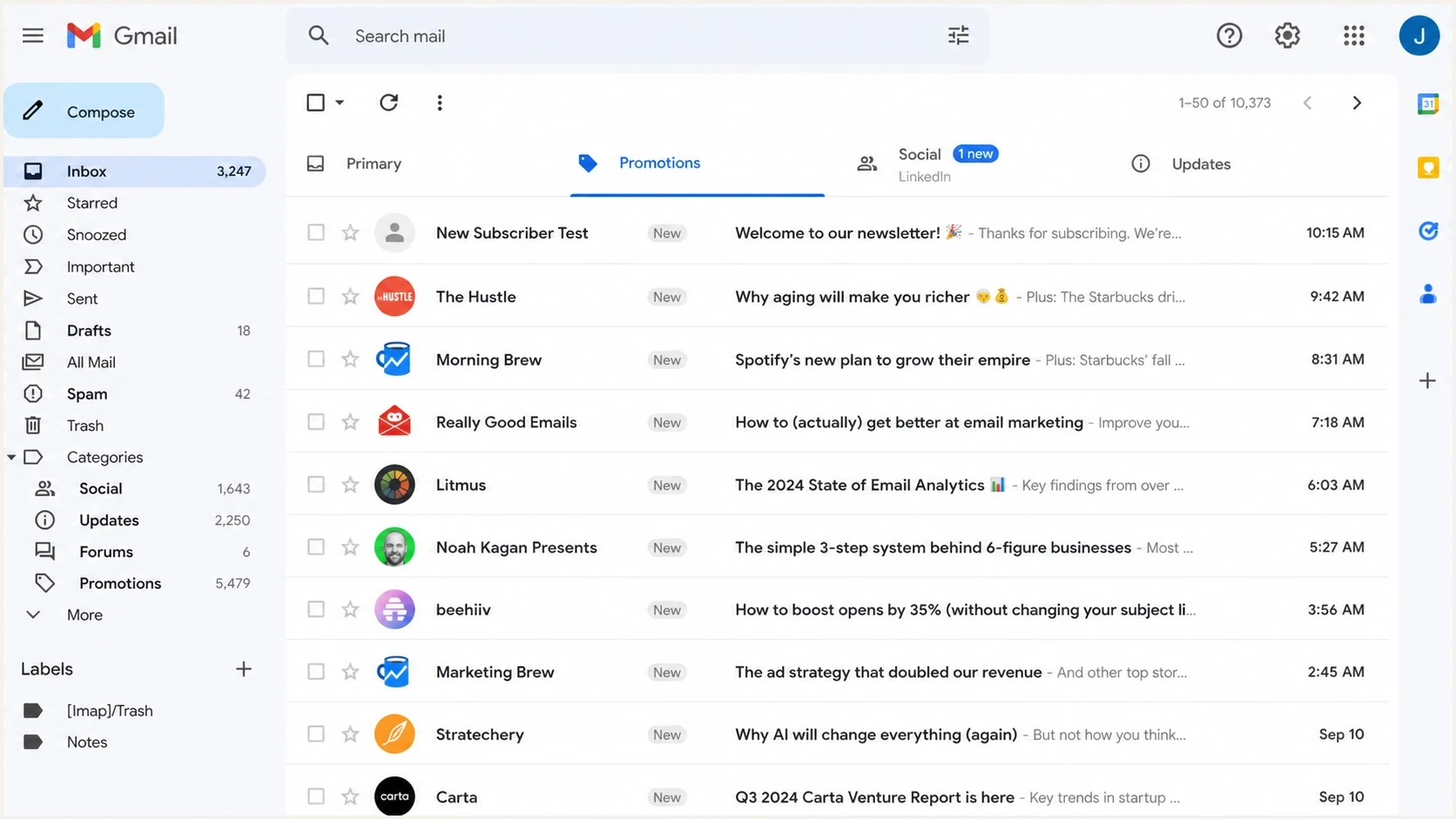 Gmail inbox rows showing different sender avatar states for new and existing recipients.