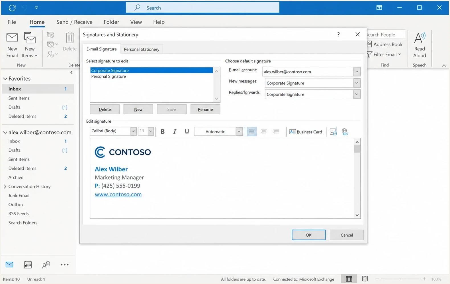 Microsoft Outlook signature editor with a logo image inserted into a business signature.