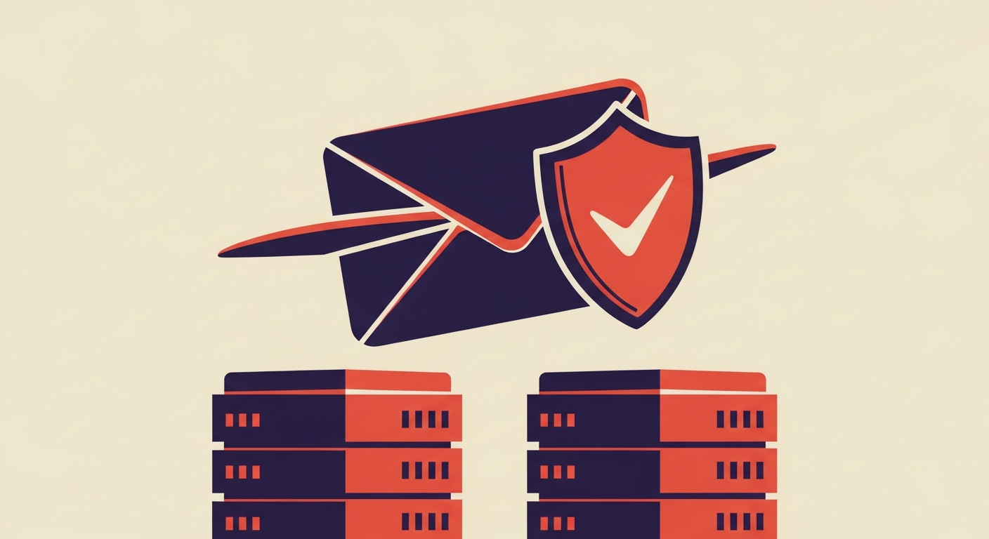 Stylized email icon moving securely between two server towers.