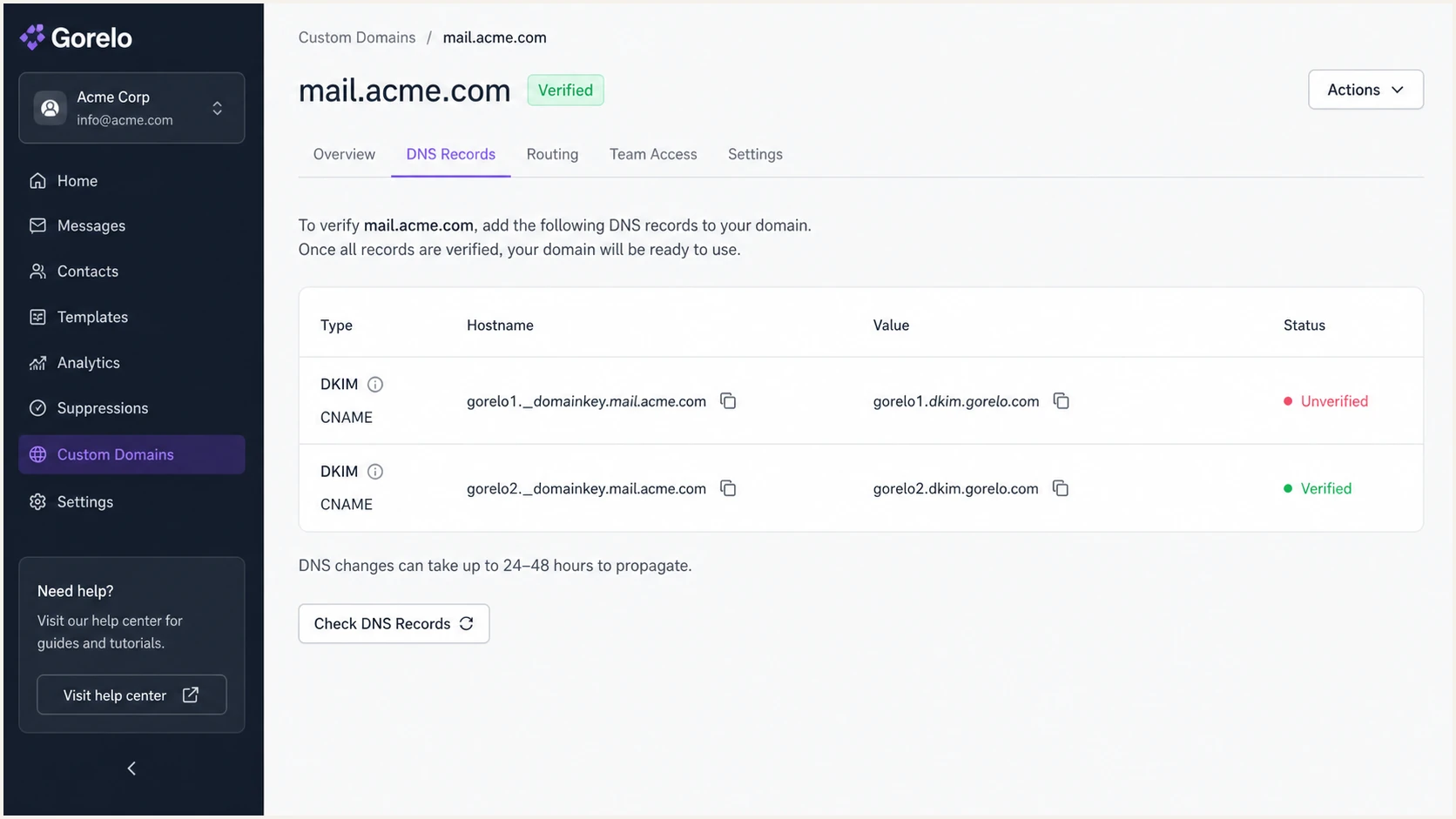 Gorelo DKIM verification rows with selector CNAME records