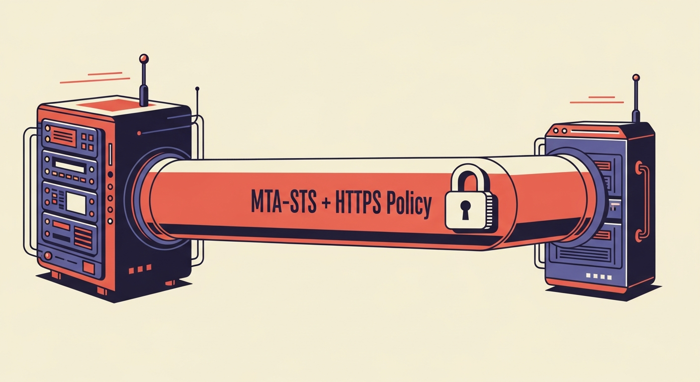 An illustration showing a secure email connection facilitated by MTA-STS and HTTPS policy.