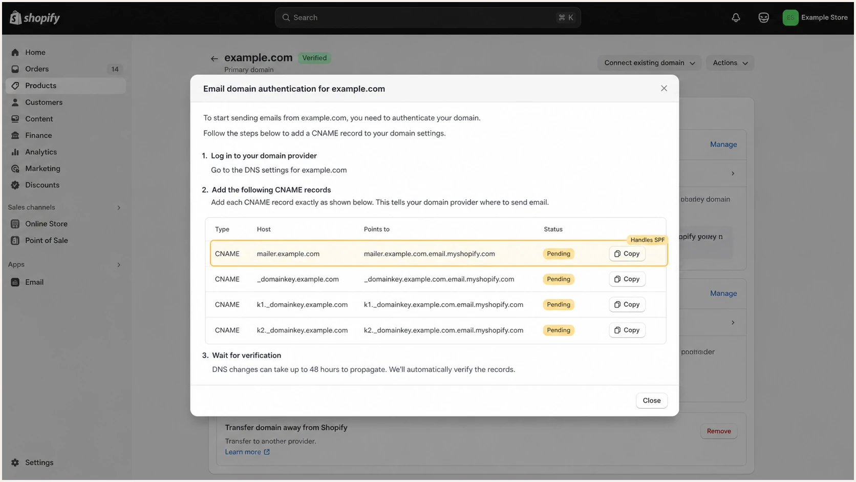 Shopify email authentication records with the SPF mailer CNAME highlighted