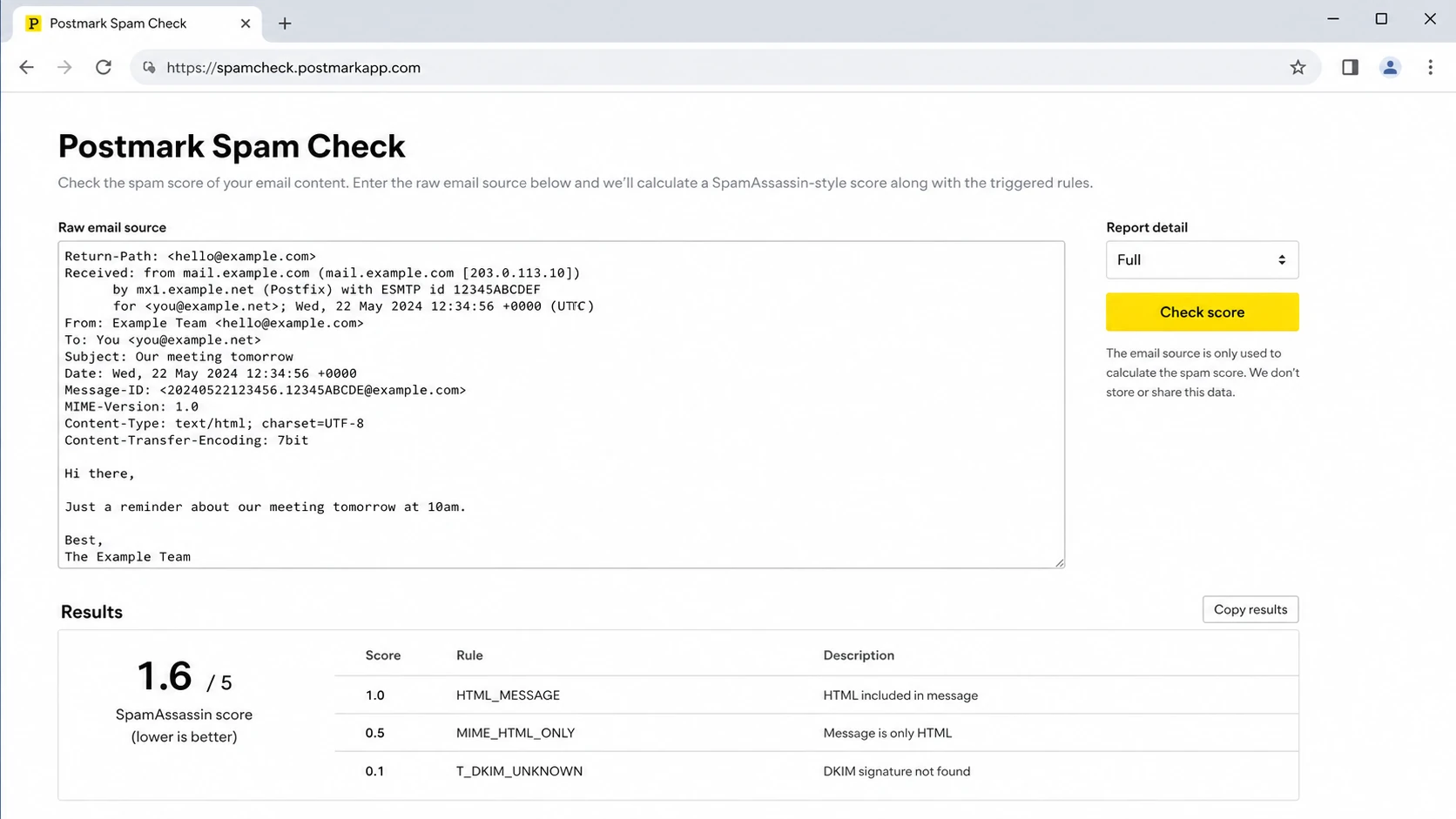 Postmark Spam Check style screen showing raw email input and rule-score results.