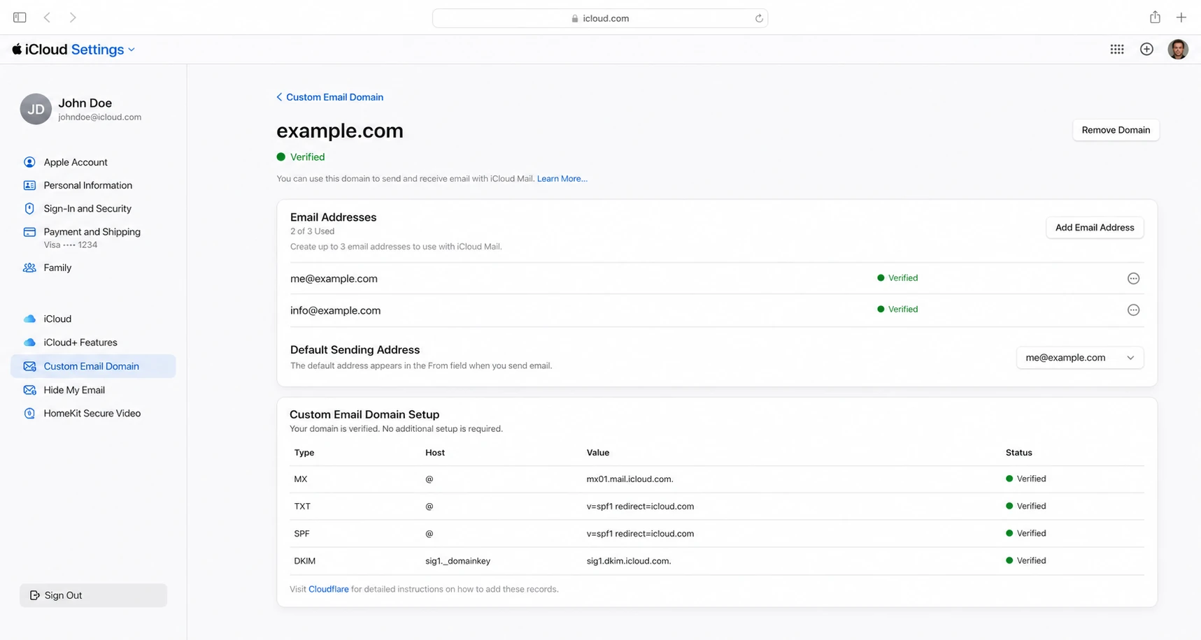 iCloud.com custom email domain settings with verified DNS.
