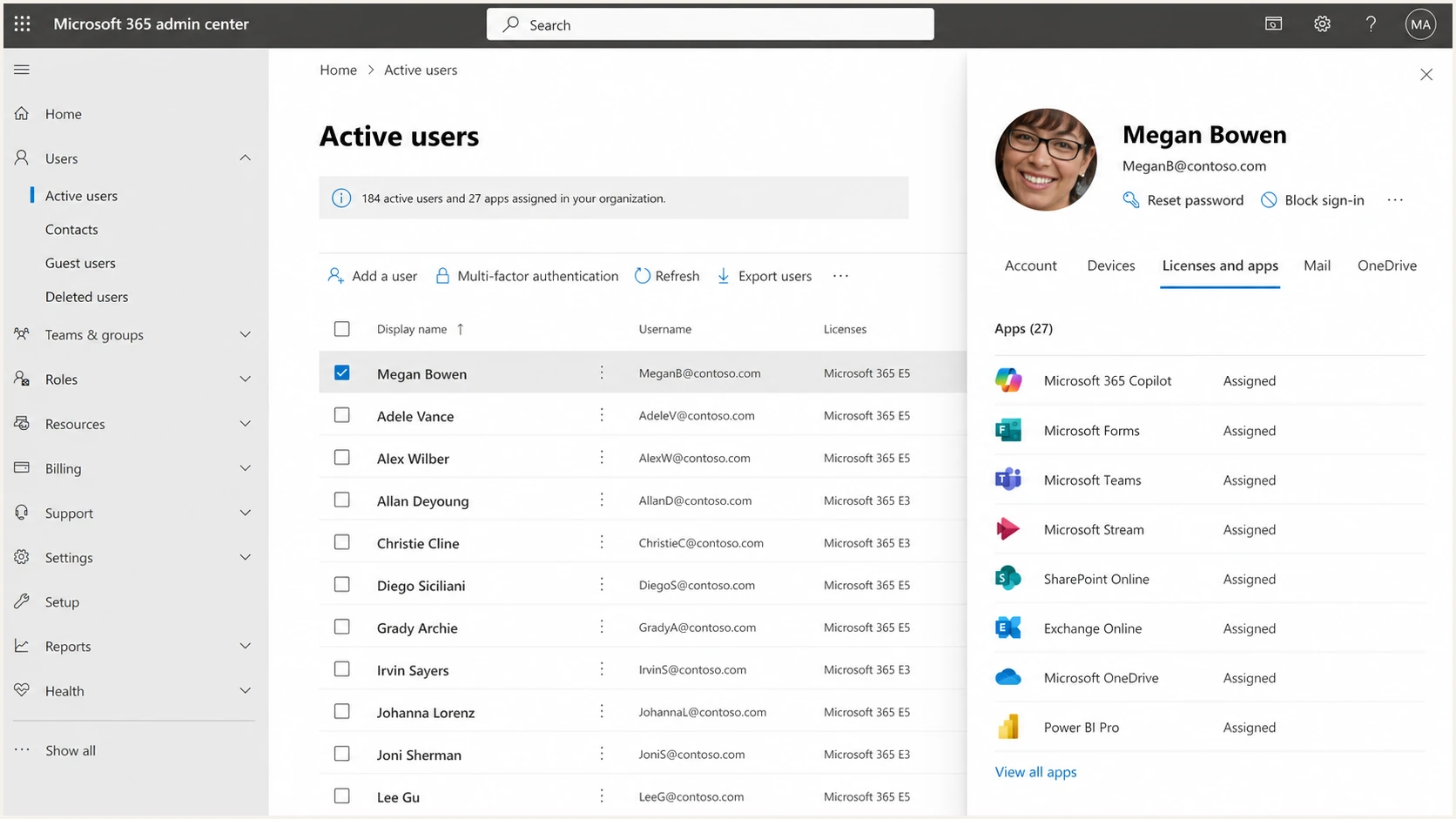 Microsoft 365 admin center screenshot showing users and app access.