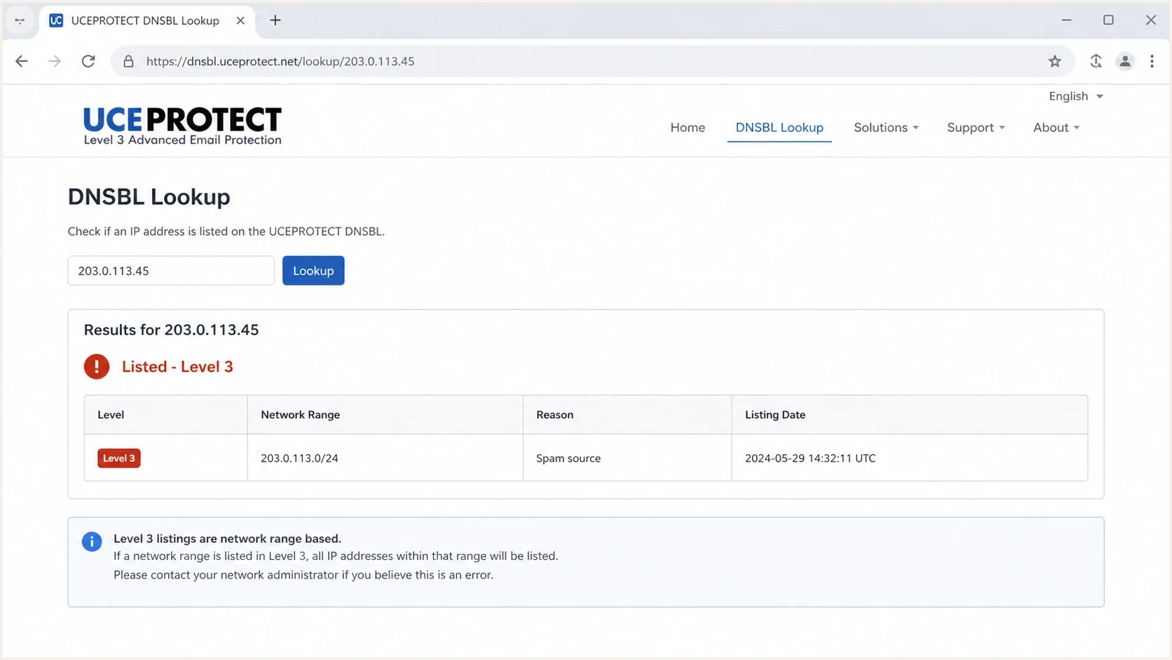 UCEPROTECT DNSBL lookup showing an ASN-wide Level 3 listing.