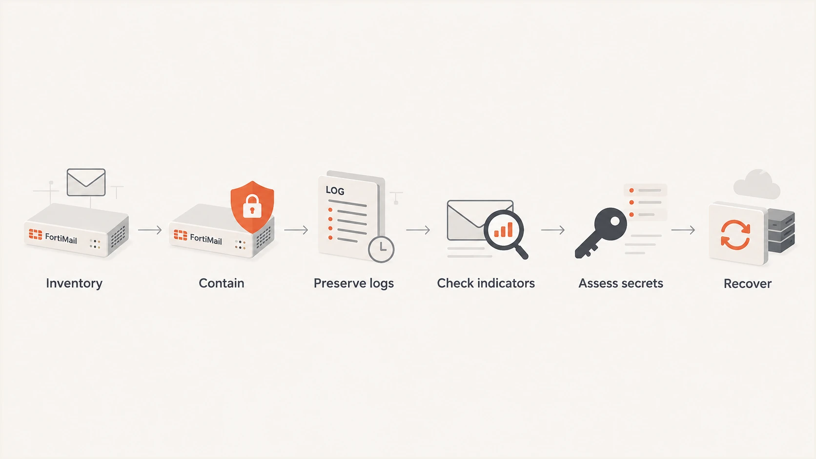 Response flow for exposed FortiMail systems: inventory, contain, preserve, investigate, assess, and recover.