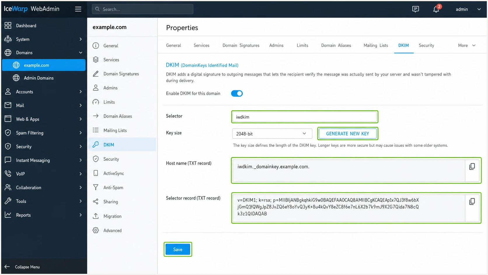 IceWarp WebAdmin DKIM key generation panel