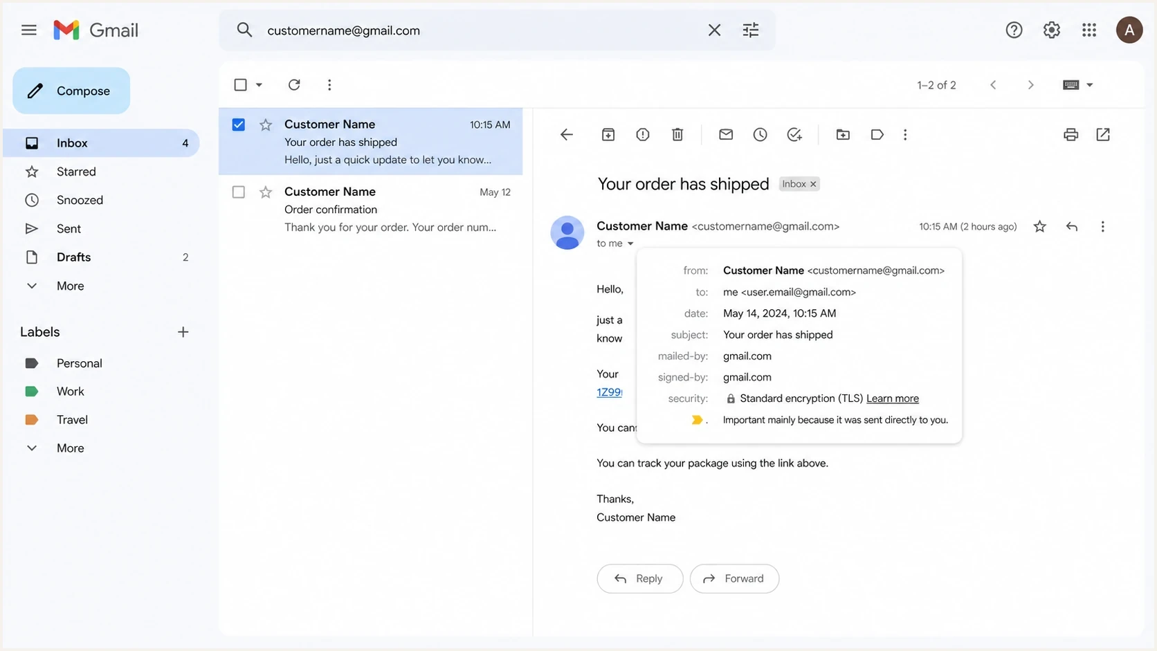 Gmail screenshot showing dotted and undotted Gmail address variants in one inbox.