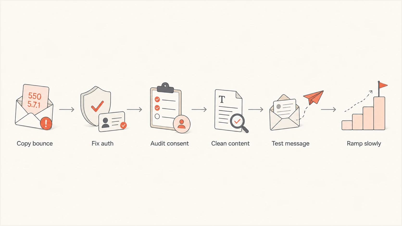 Flowchart for recovering from a Gmail SMTP 550 5.7.1 spam block.