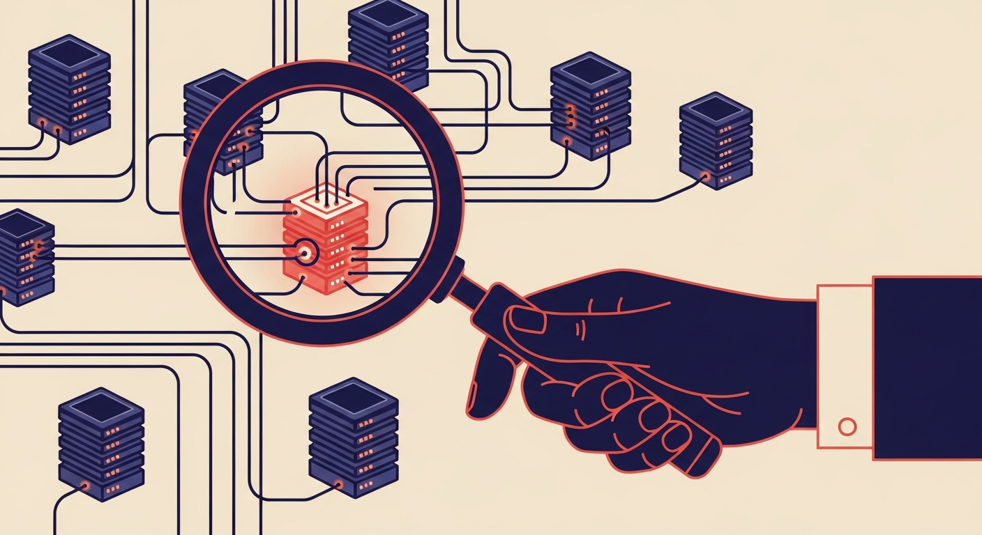 A magnifying glass inspecting a secure network connection, symbolizing MTA-STS monitoring.