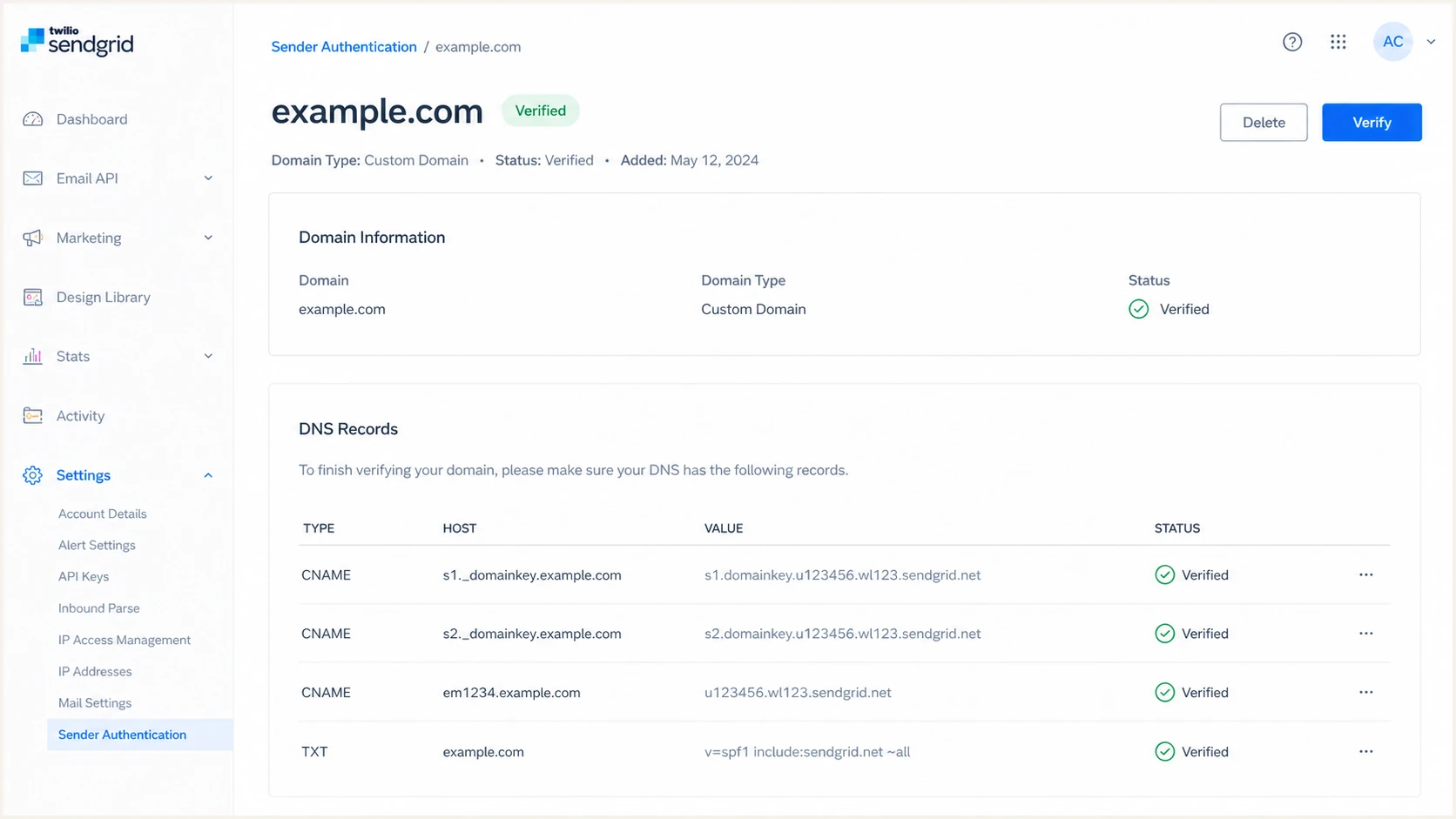 Twilio SendGrid verified domain authentication record status.