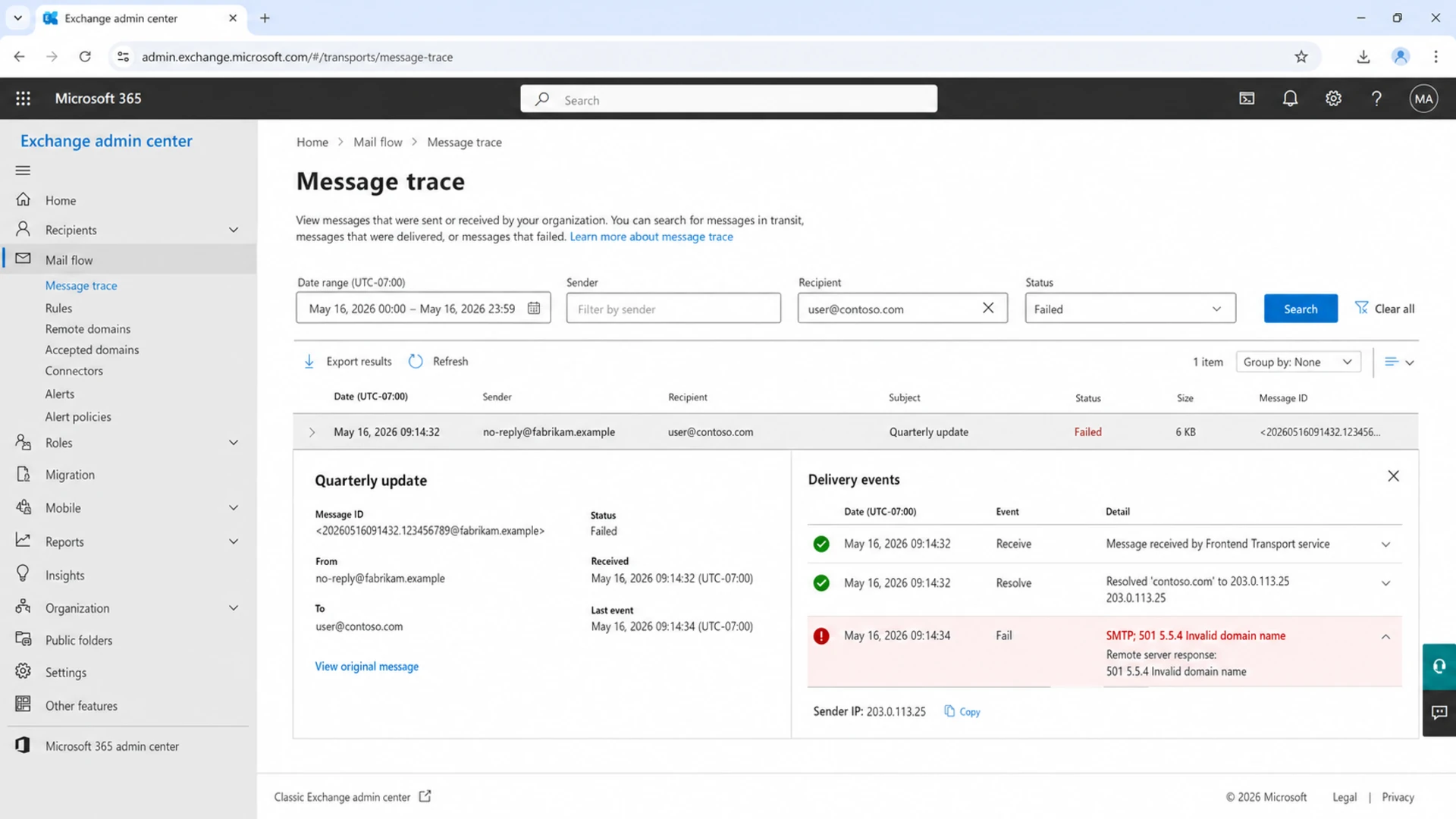 Microsoft Exchange admin center message trace showing a failed SMTP event