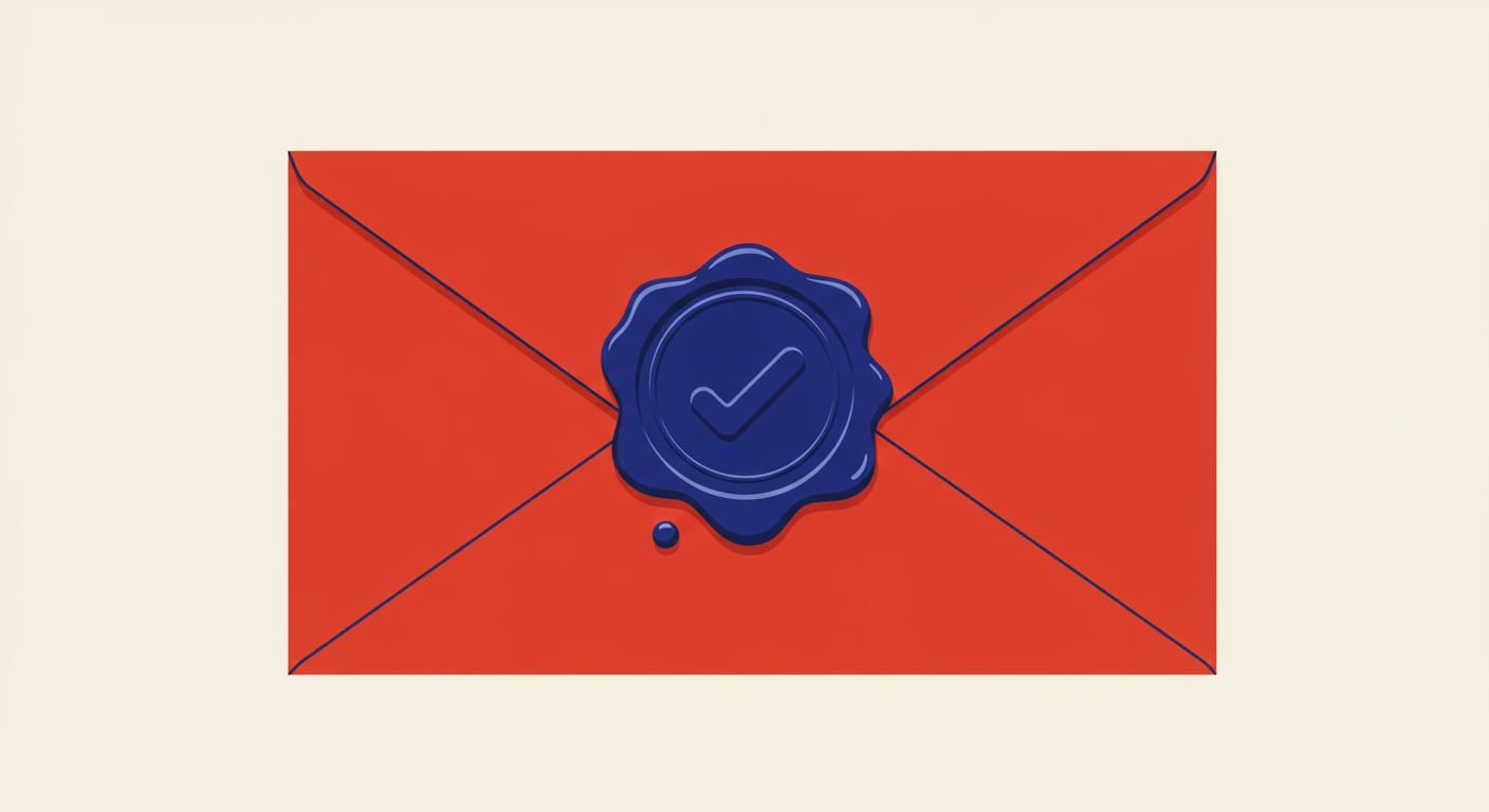 A minimalist illustration of an envelope sealed with a wax stamp that has a checkmark, symbolizing the security and authentication provided by DMARC.