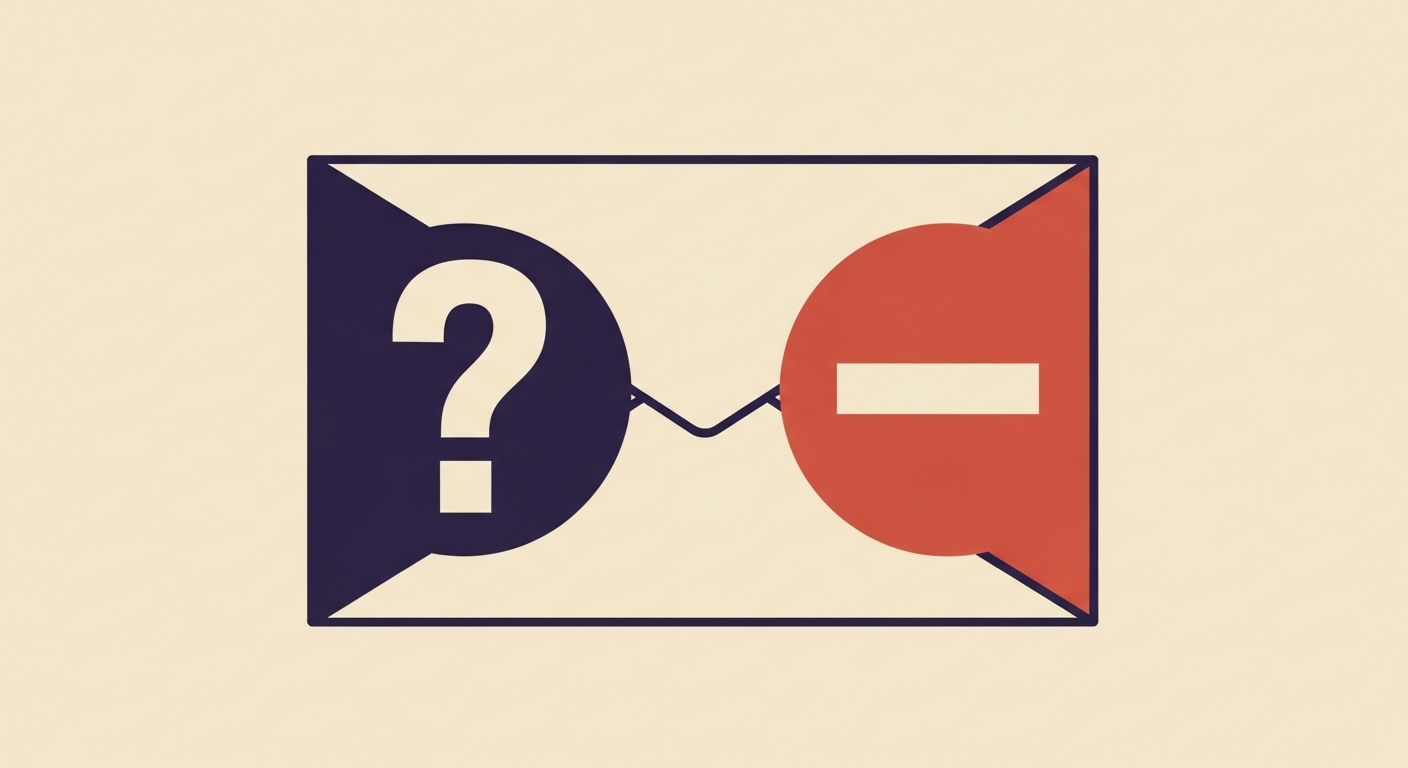 Illustration of an email envelope with a question mark and a minus sign, symbolizing SPF qualifiers.