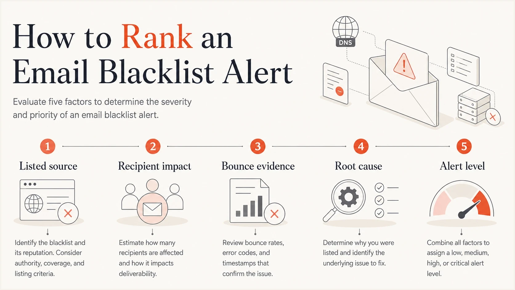 A simple model for ranking blacklist alerts by source, recipient impact, bounce evidence, root cause, and alert level.