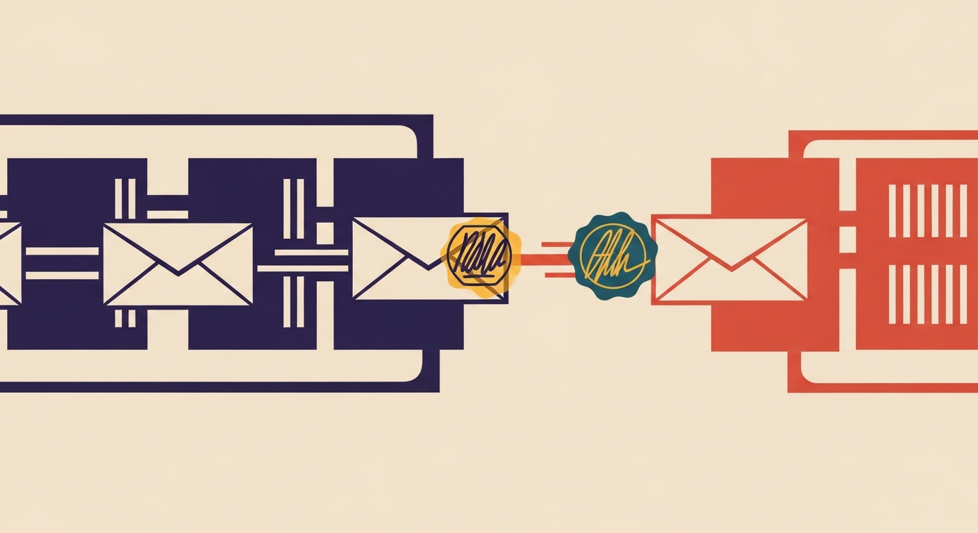 An abstract illustration showing email messages being signed as they pass between servers, representing the Authenticated Received Chain.
