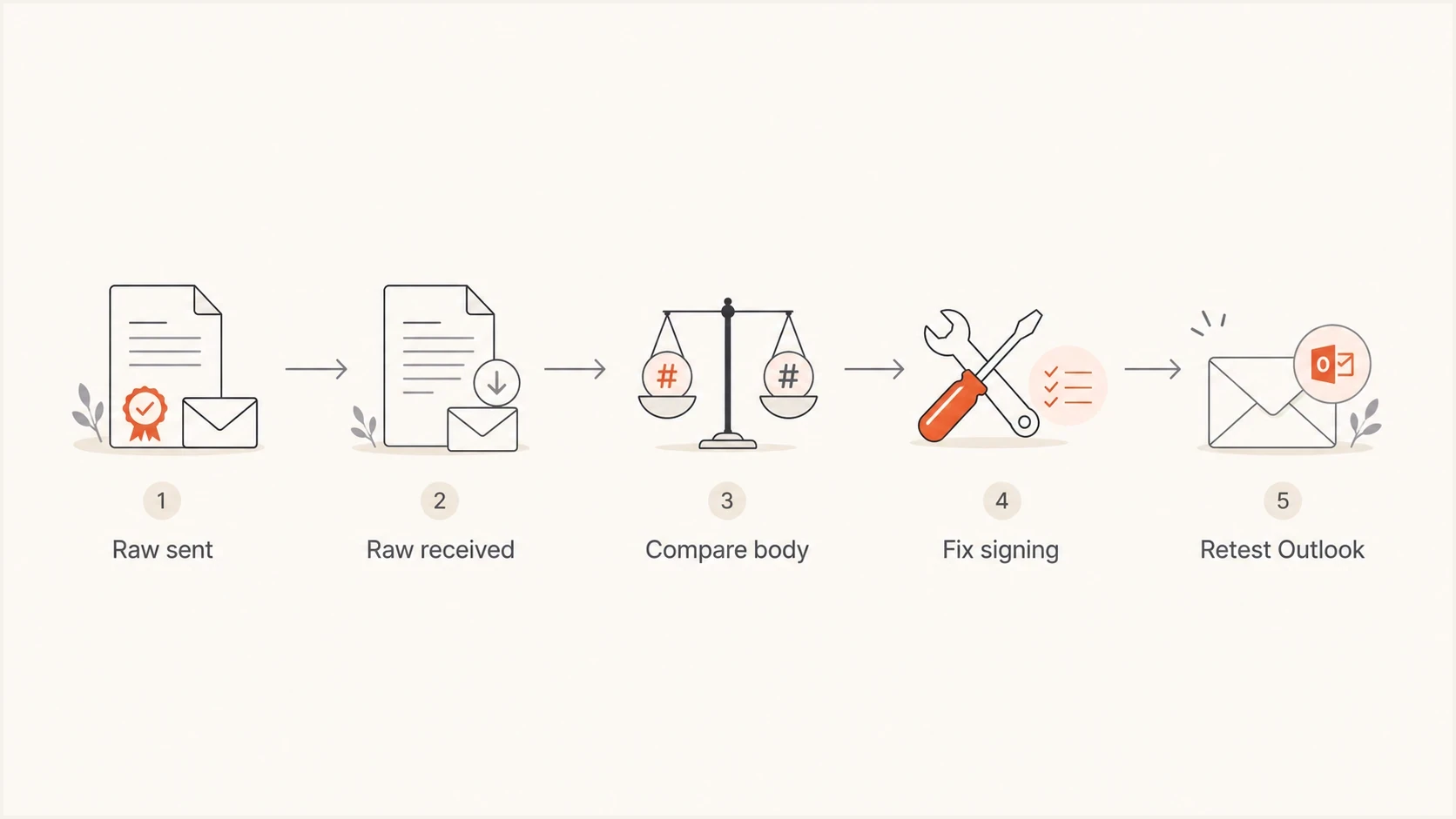 A five-step flow from raw message capture to Outlook.com retesting.