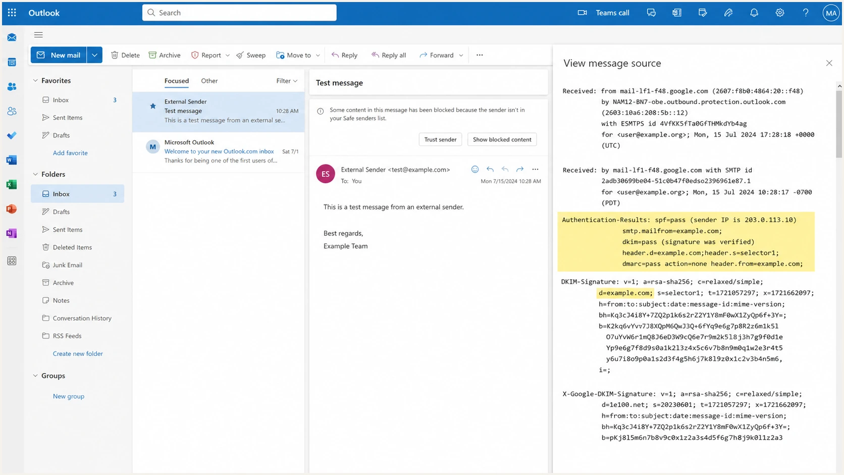 Outlook message source showing SPF, DKIM, and DMARC passes