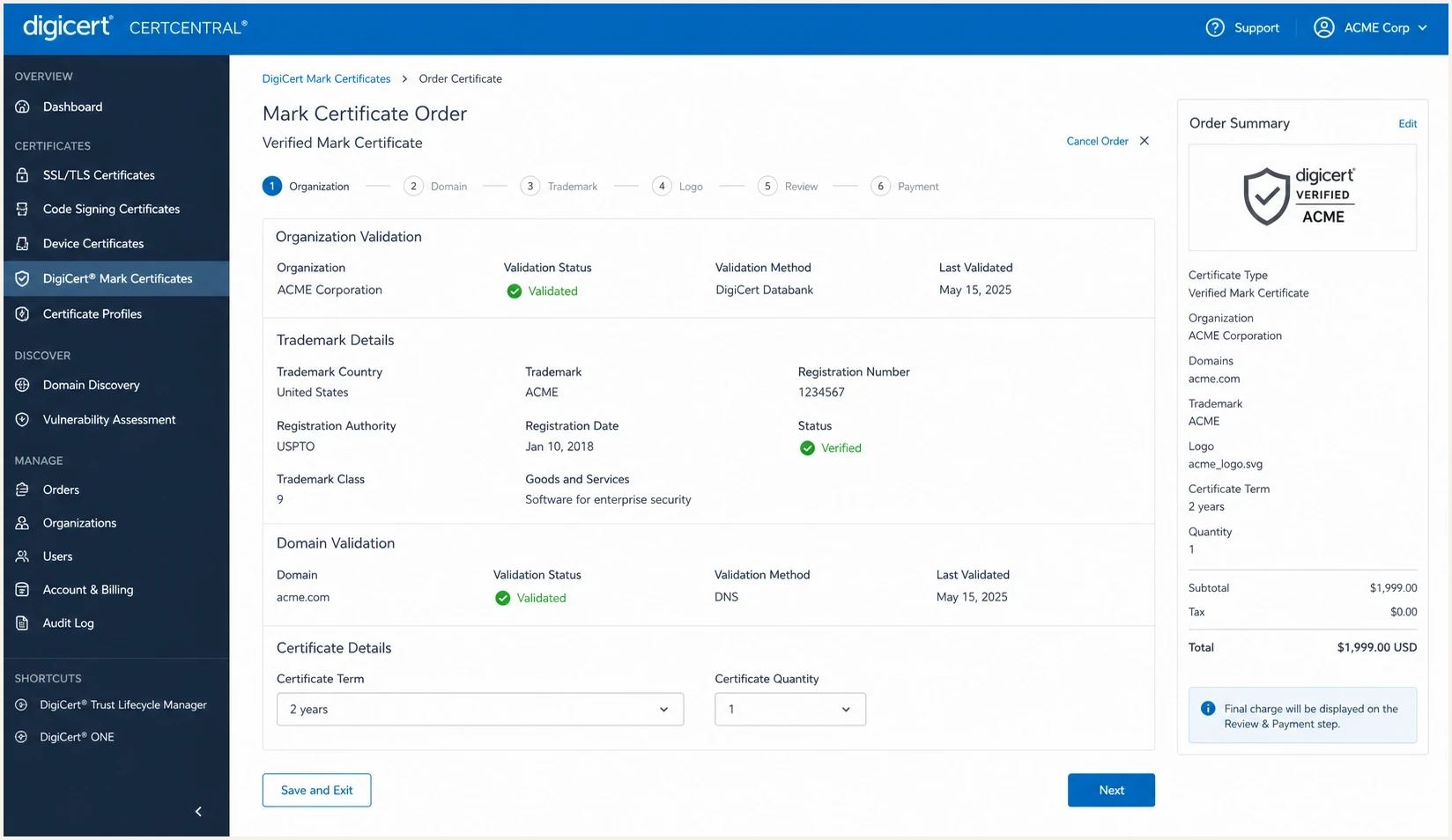 DigiCert CertCentral order workflow for a mark certificate.