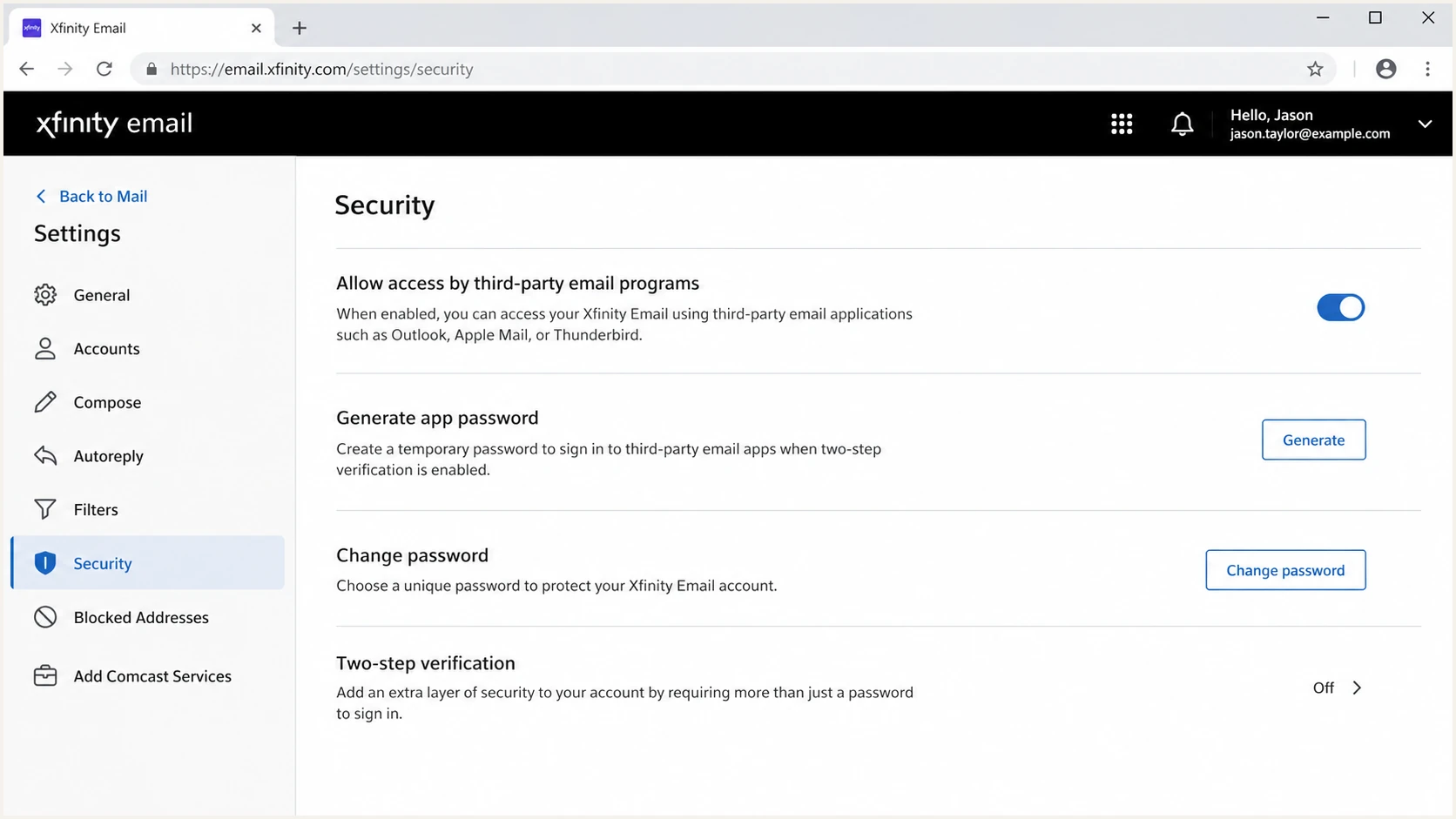 Xfinity Email security settings for third-party app access.