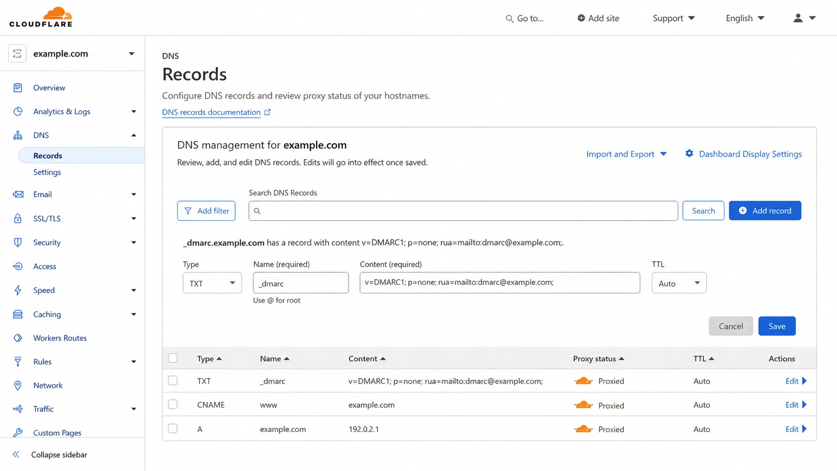 Cloudflare DNS dashboard showing a DMARC TXT record being edited.