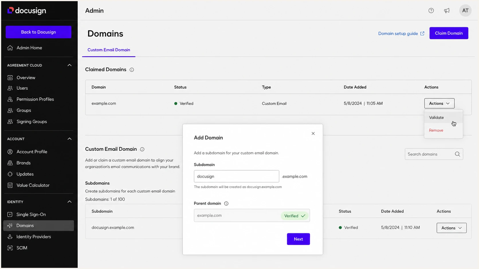 Docusign Admin domain claim and custom subdomain setup