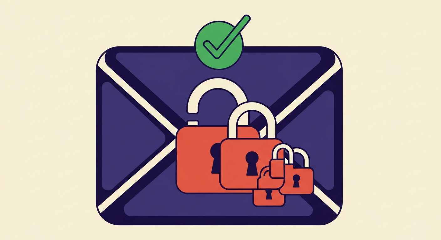 Secure email represented by an envelope with digital locks and a green checkmark.