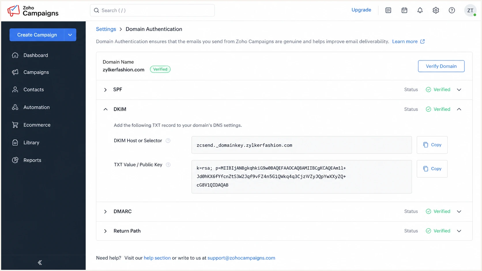 Publishing the Zoho Campaigns DKIM record