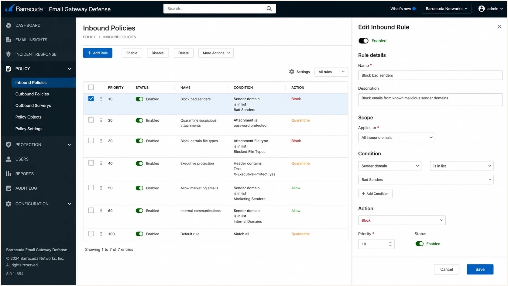 Barracuda Email Gateway Defense policy screen showing custom rule fields.