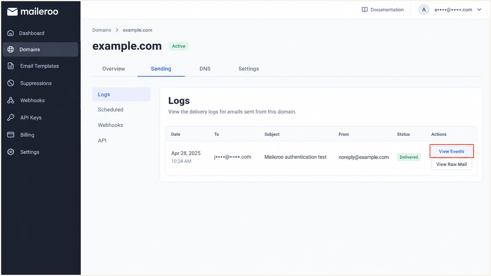 Maileroo delivery logs and View Events action (illustrative screenshot).