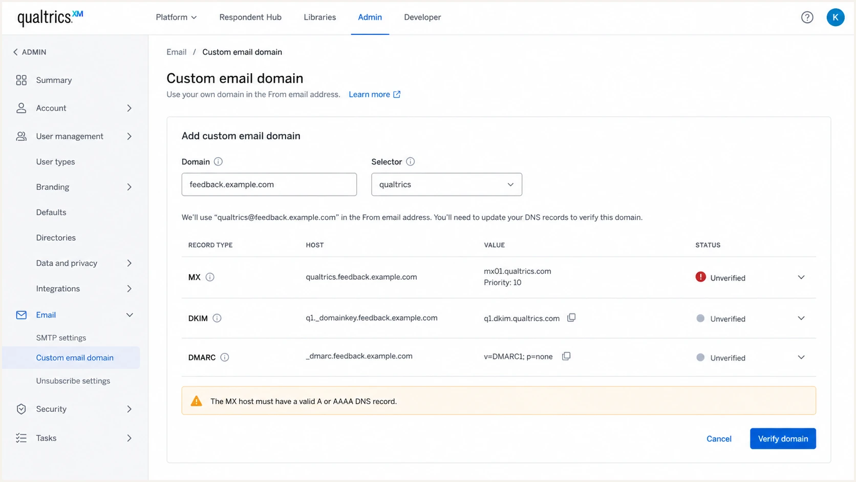 Qualtrics custom email domain screen showing an unverified MX record.