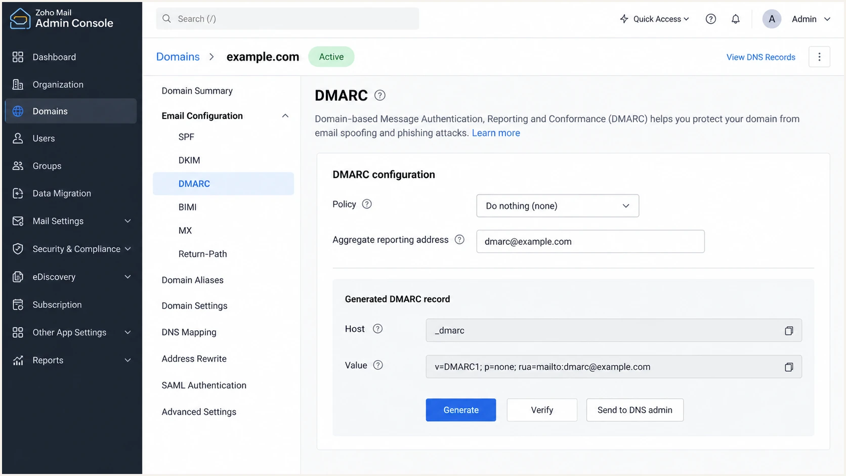 Zoho Mail DMARC policy generation at p=none