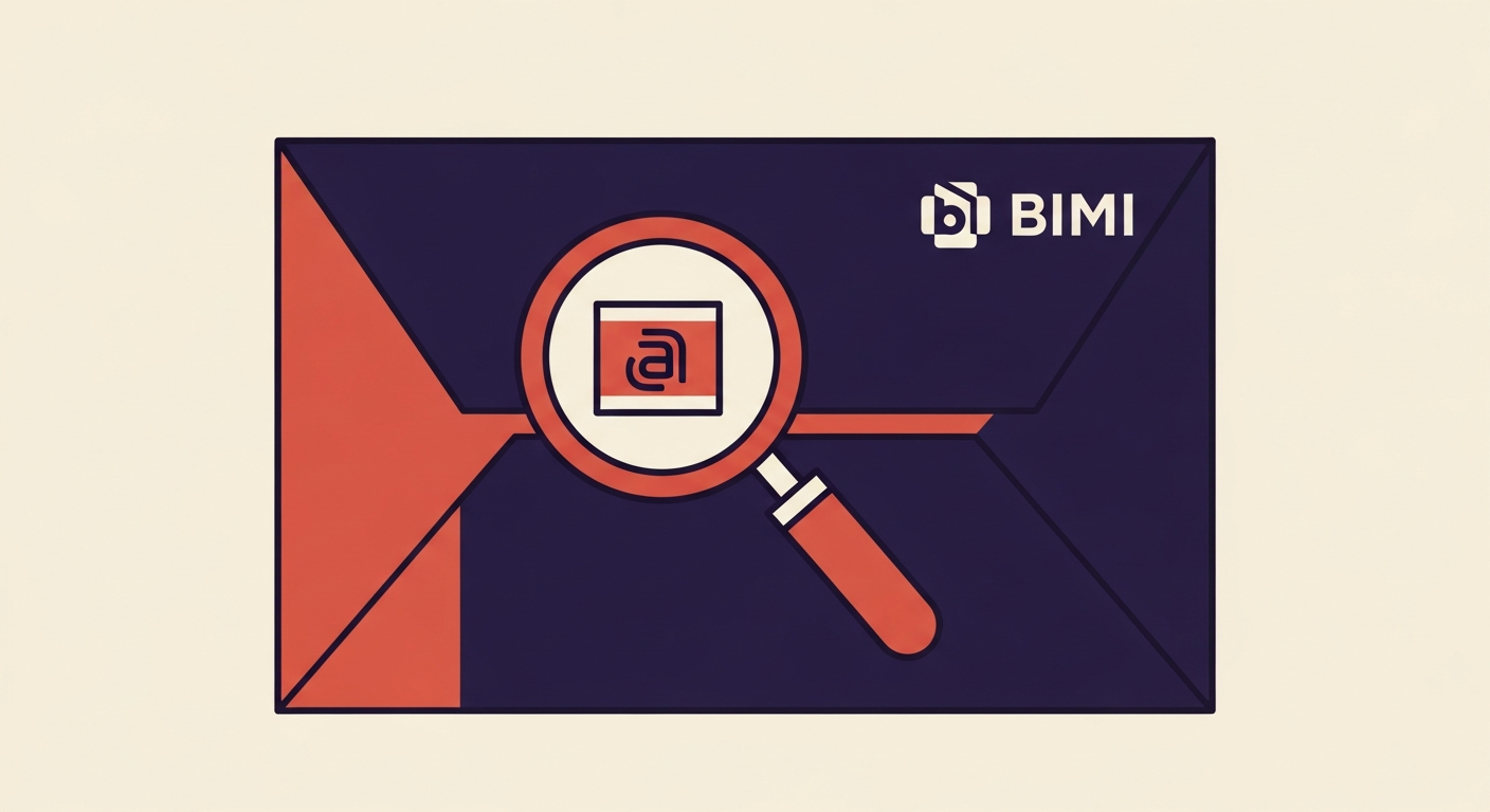 Illustration of an email envelope with a brand logo and a magnifying glass over a selector.