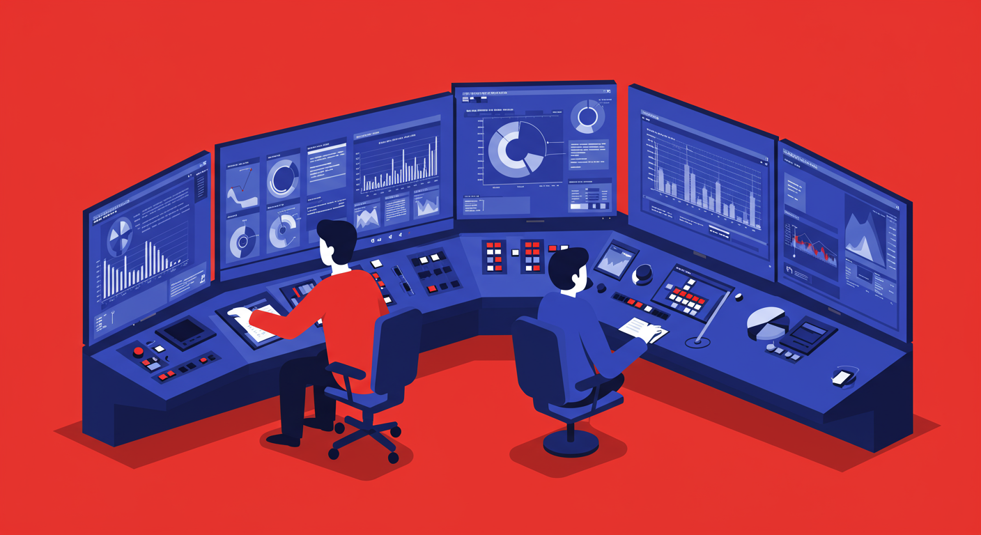 An illustration of a person at a control panel with multiple screens showing data and graphs, symbolizing the process of monitoring and troubleshooting DMARC. The style of the images should be A minimalist retro illustration in the style of Malika Favre. Dominant colors are bright poppy red and deep royal blue. Vector art, high contrast. Do not put any words in the image or alphanumeric characters. 