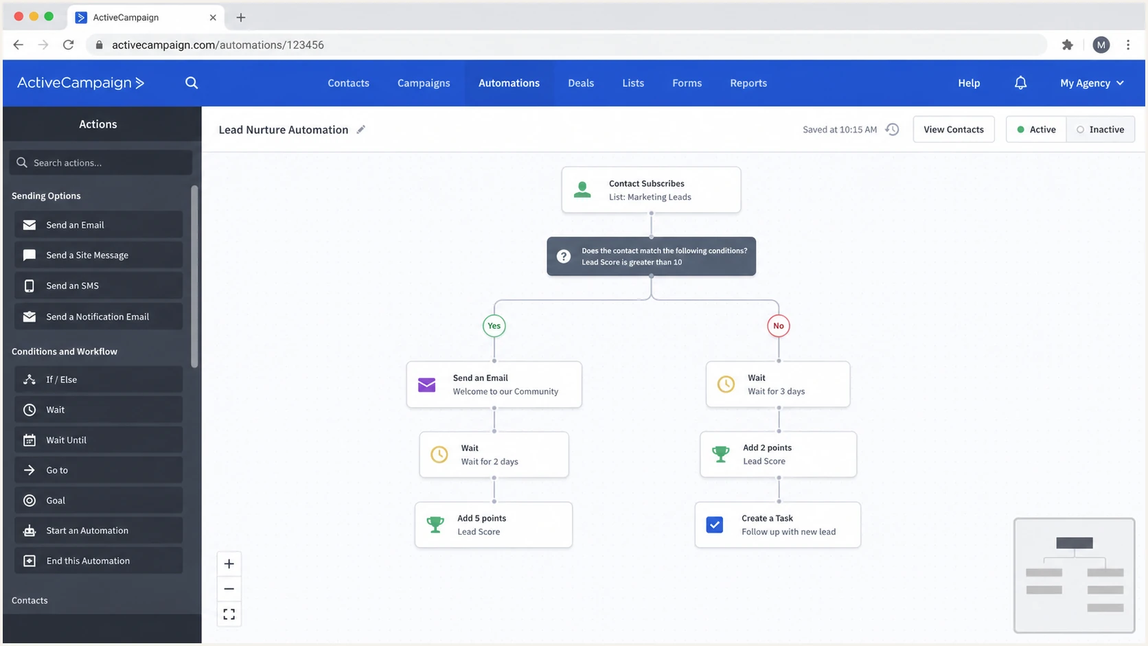 ActiveCampaign automation builder with branches and CRM steps.