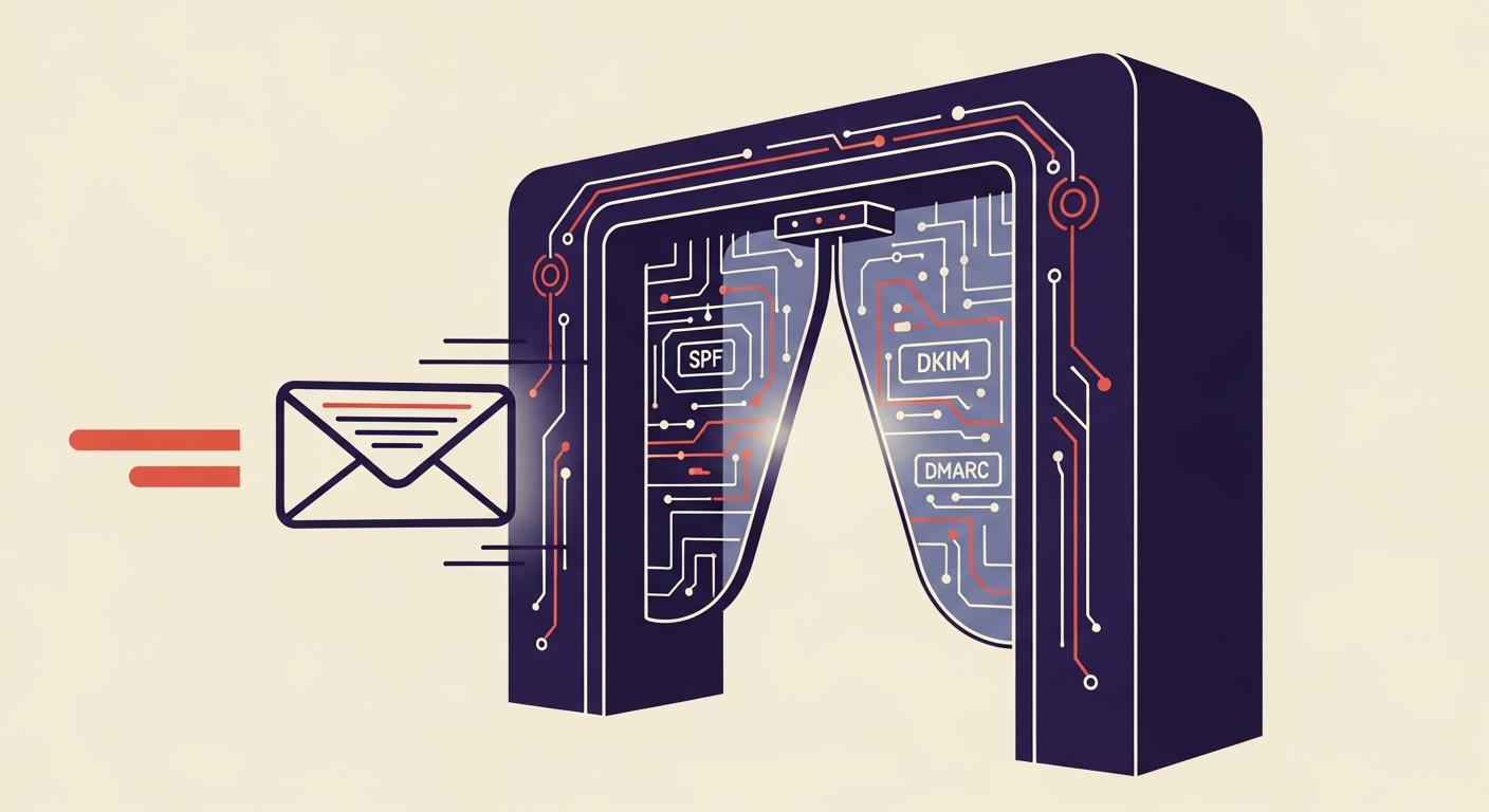 An illustration of an email passing through a digital gate that represents inbound mail filtering, with security protocols visible.
