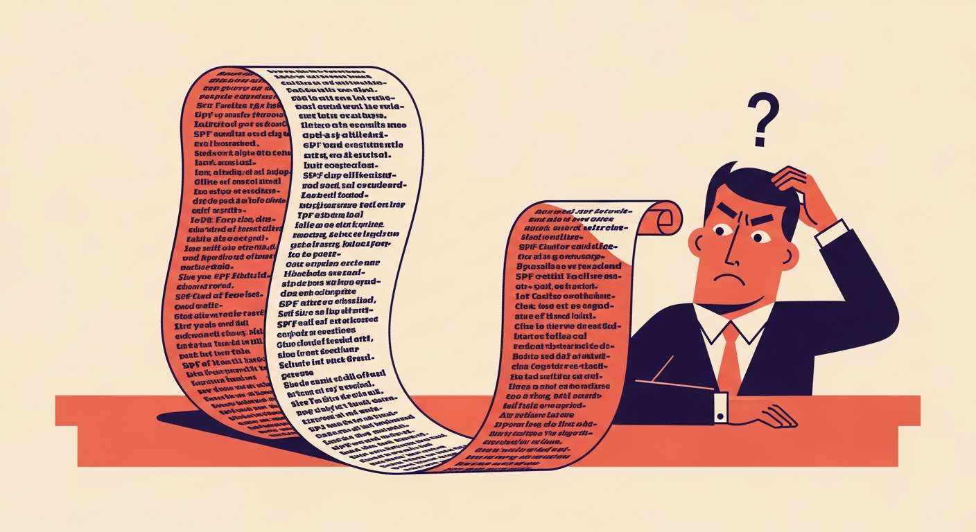 An expert examining a very long SPF record scroll, highlighting the challenge of managing SPF record length.