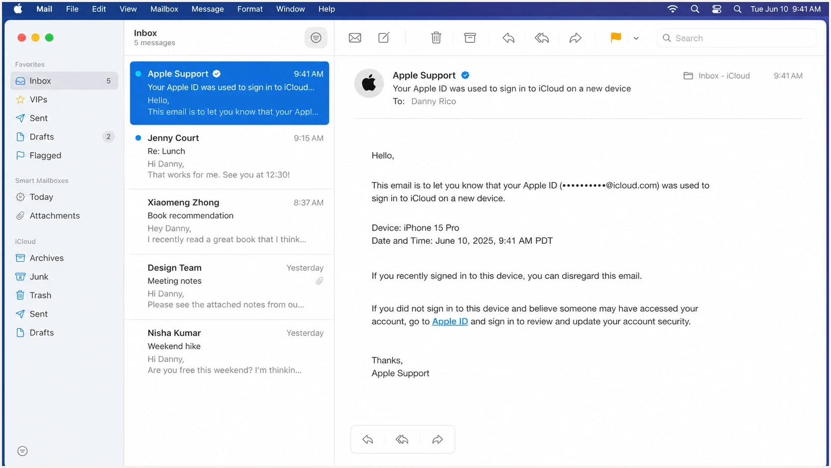Apple Mail screen showing a verified sender badge beside an Apple Support message.