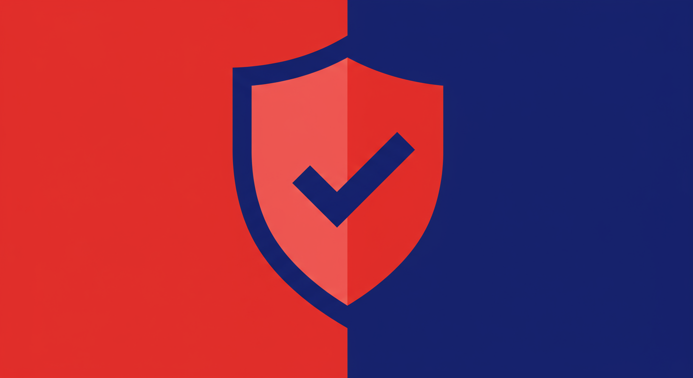 A minimalist illustration of a shield with a checkmark on it, representing DMARC protection and rejection. The style of the images should be A minimalist retro illustration in the style of Malika Favre. Dominant colors are bright poppy red and deep royal blue. Vector art, high contrast. Do not put any words in the image or alphanumeric characters. 