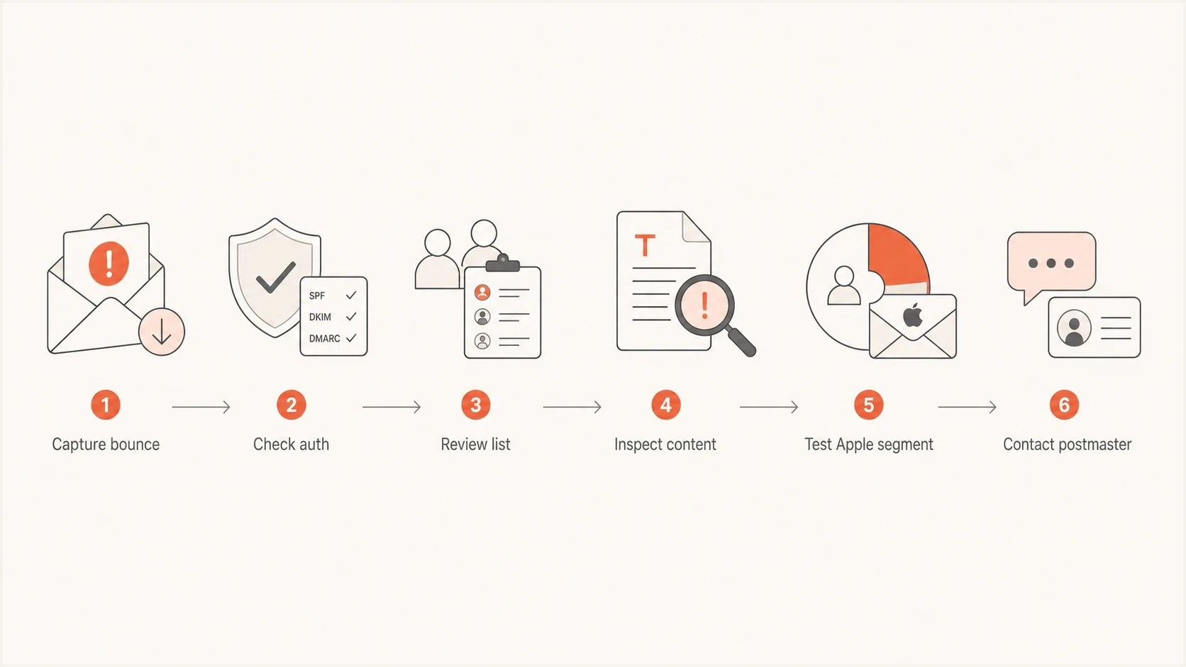 Six-step Apple iCloud Mail delivery troubleshooting flow for policy rejections.