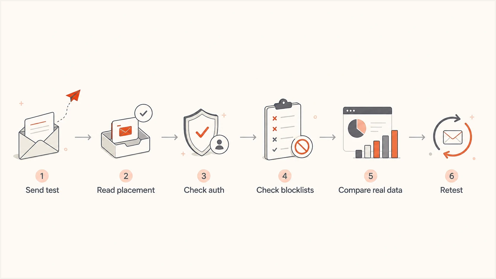 Inbox placement testing workflow from sending a test to checking authentication and retesting.