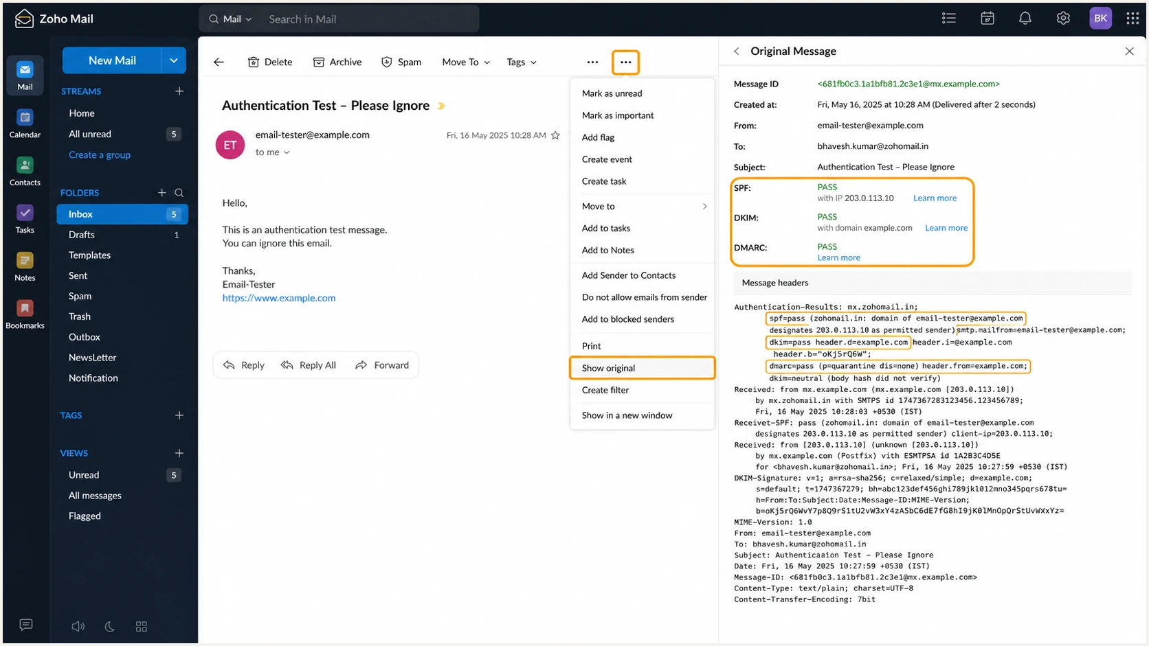 Checking SPF, DKIM, and DMARC results in Zoho Mail