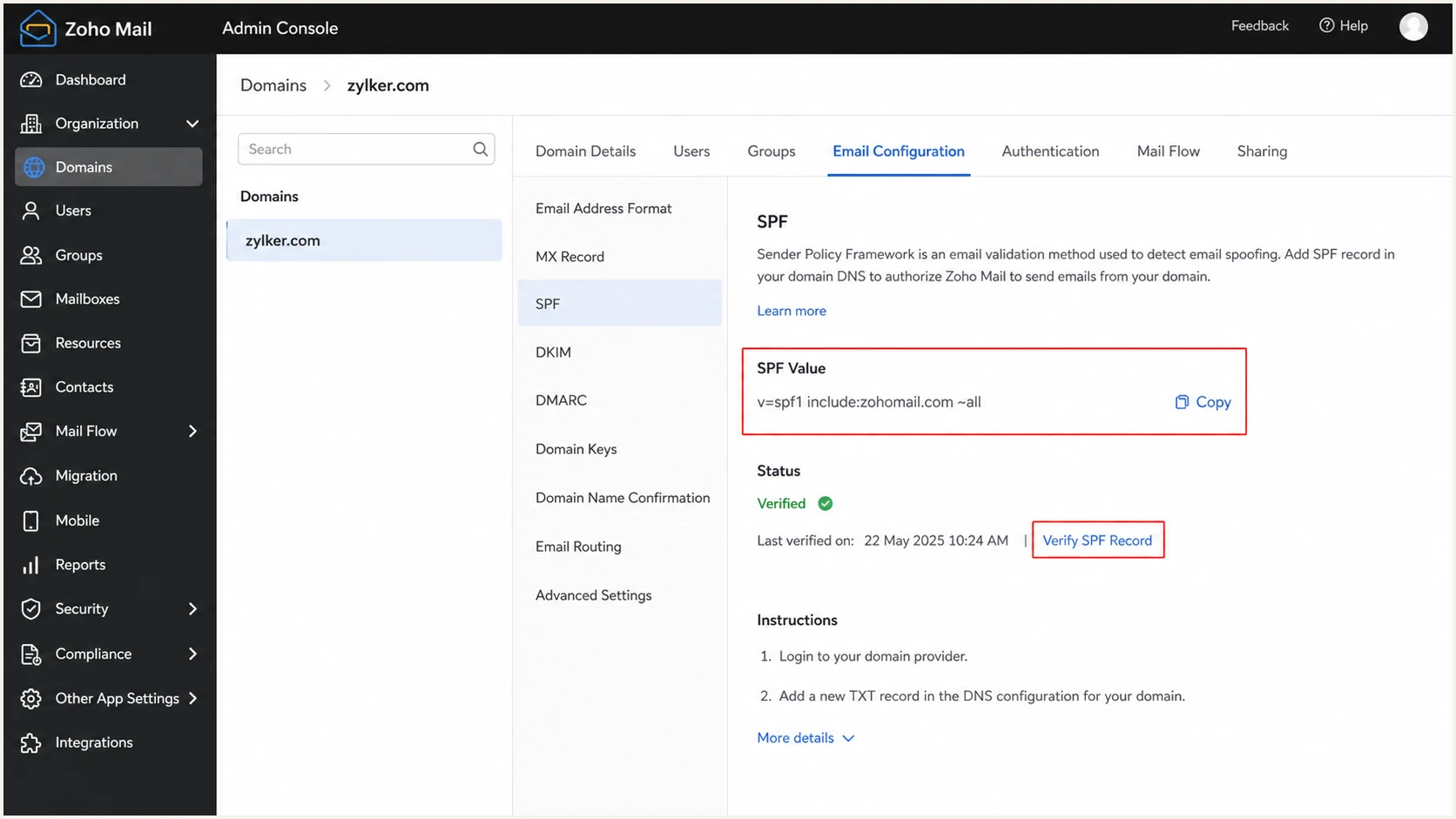 Verifying the SPF record in Zoho Mail