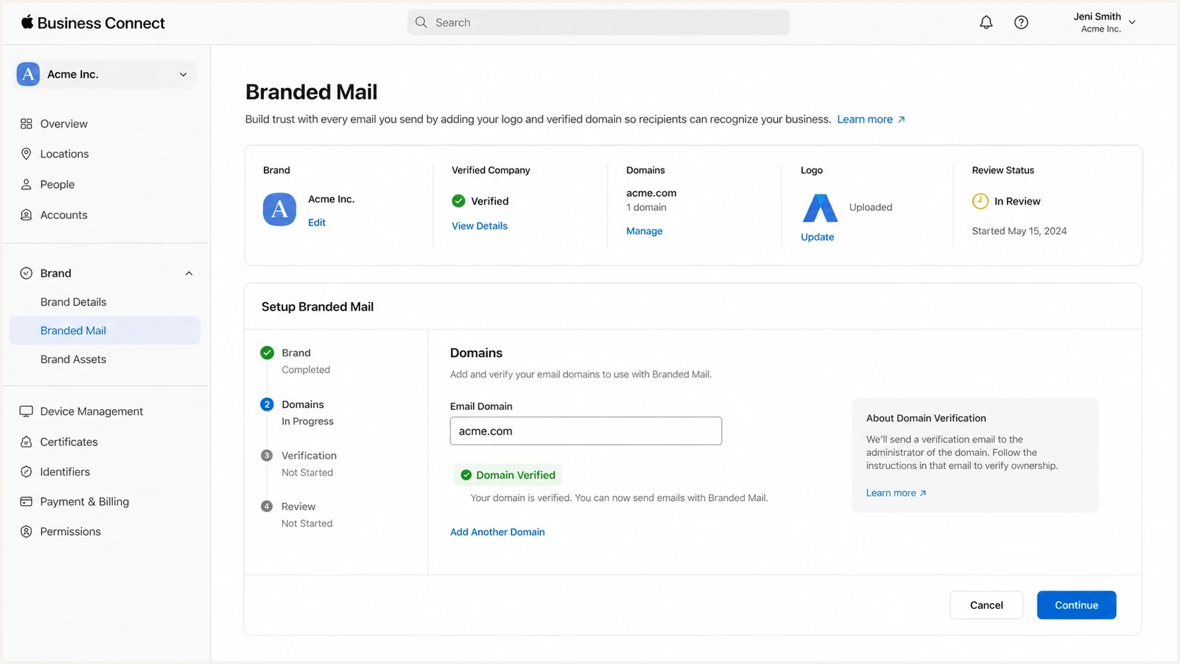 Legacy Apple Business Connect Branded Mail setup, now managed in Apple Business.