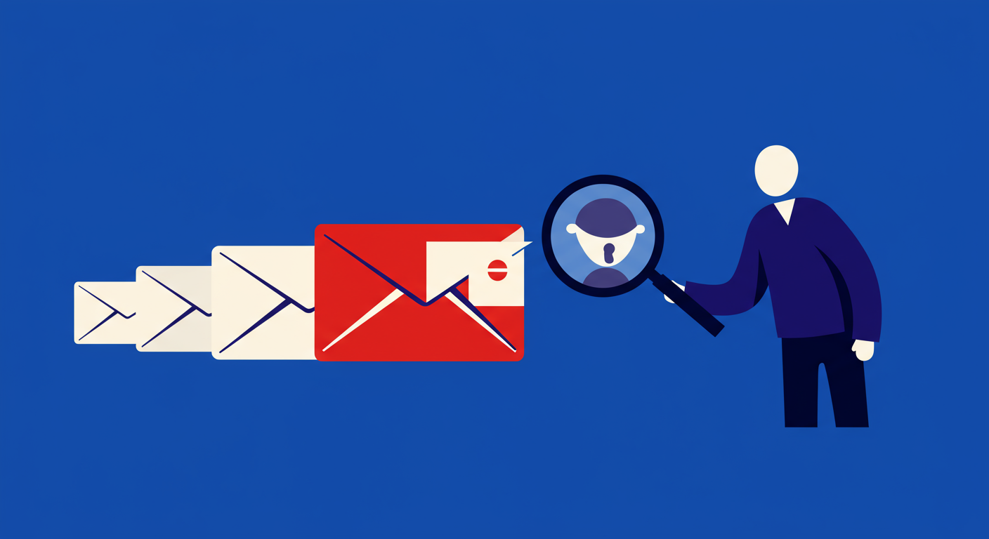 An abstract representation of an email being temporarily held back by a gatekeeper before being allowed to proceed. A simple queue of envelopes is shown, with one being inspected under a magnifying glass by a faceless figure. The style of the images should be A minimalist retro illustration in the style of Malika Favre. Dominant colors are bright poppy red and deep royal blue. Vector art, high contrast. Do not put any words in the image or alphanumeric characters.