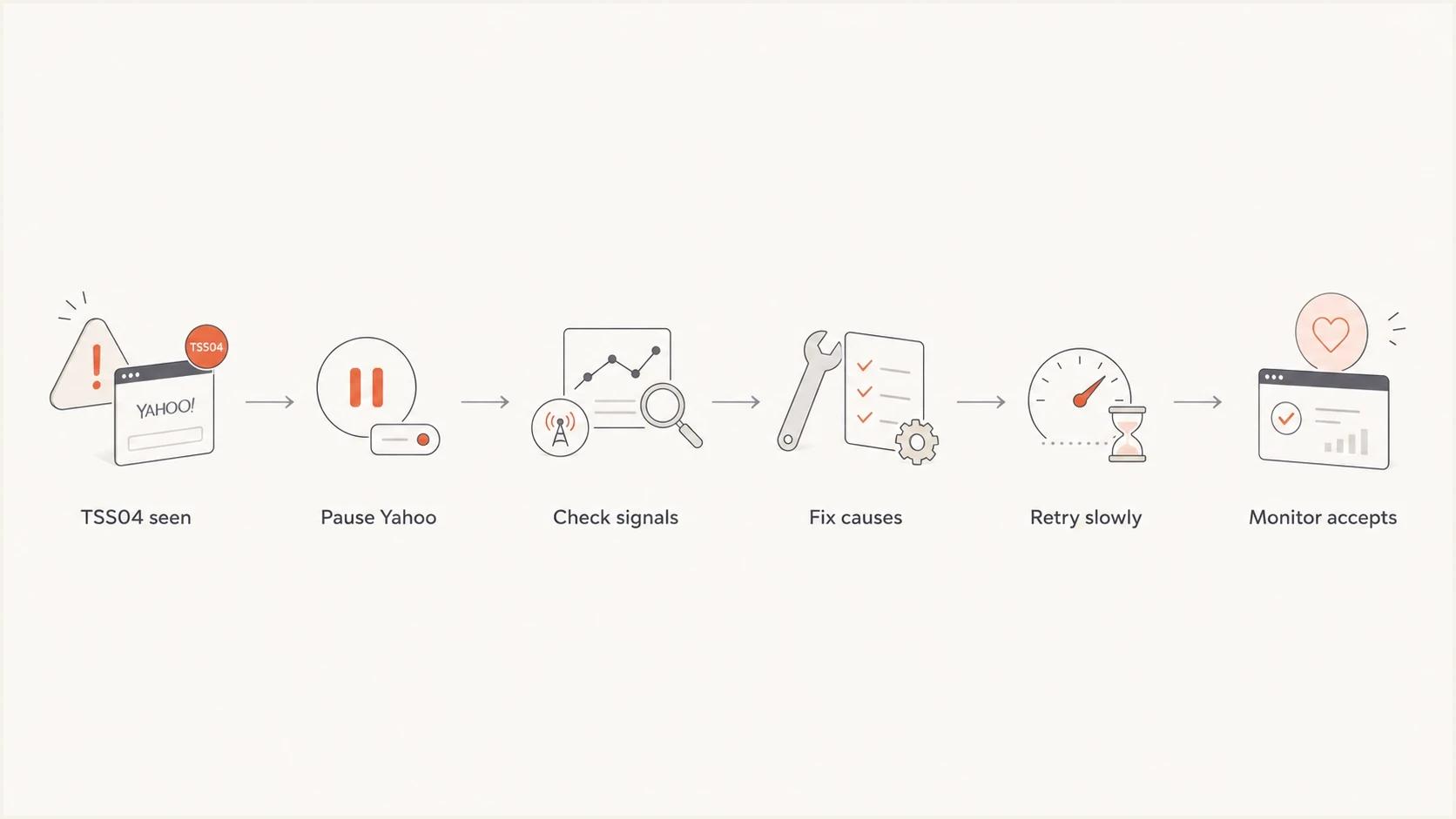 Yahoo TSS04 recovery flowchart showing pause, diagnosis, throttled retry, and monitoring.