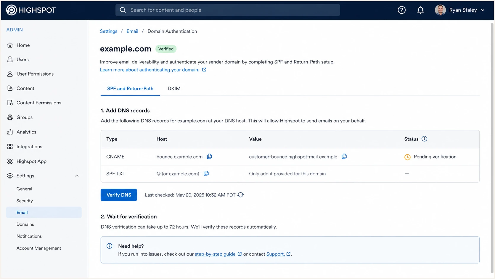 Highspot SPF and Return-Path DNS records awaiting verification.