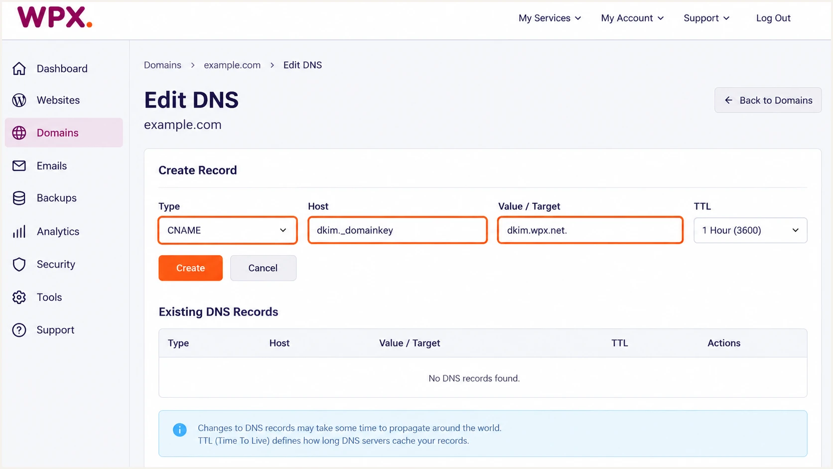 Illustrative WPX form for the default DKIM CNAME.